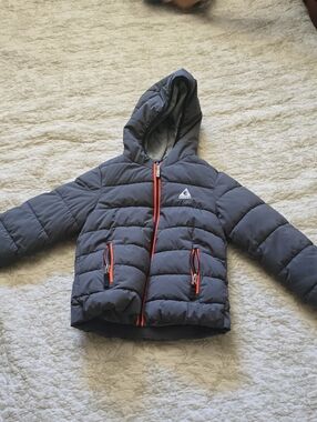 Quechua Hooded Puffer Jacket in Dark Gray with Orange Trim
